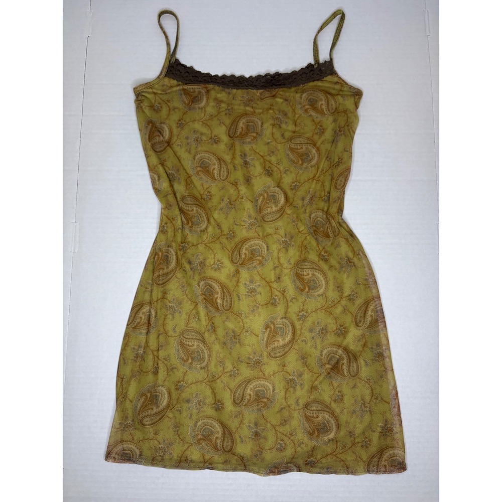 Vtg Y2K A.B.S Olive Green Paisley Mesh Mini Dress Lace Slip Fairycore Grunge